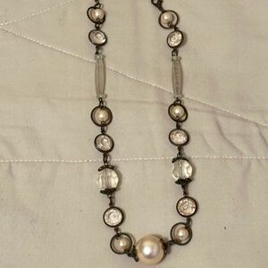 Faux Pearl & Clear Bead Several Sizes Necklace w/Dark Brown Chain Vintage